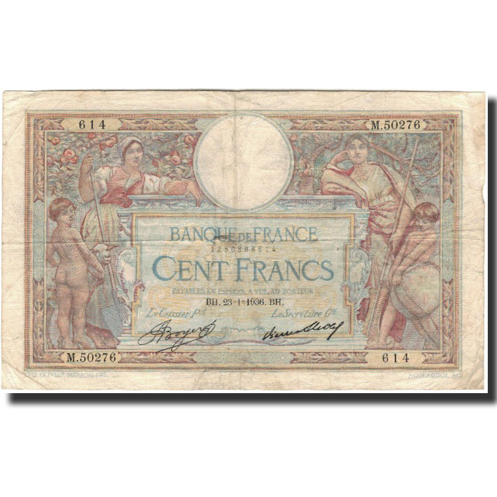 France, 100 Francs, Luc Olivier Merson, 1936-01-23, VF(20-25), Fayette:24.15