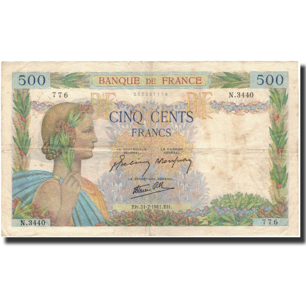 Francja, 500 Francs, La Paix, 1941-07-31, VF(20-25), Fayette:32.20, KM:95b