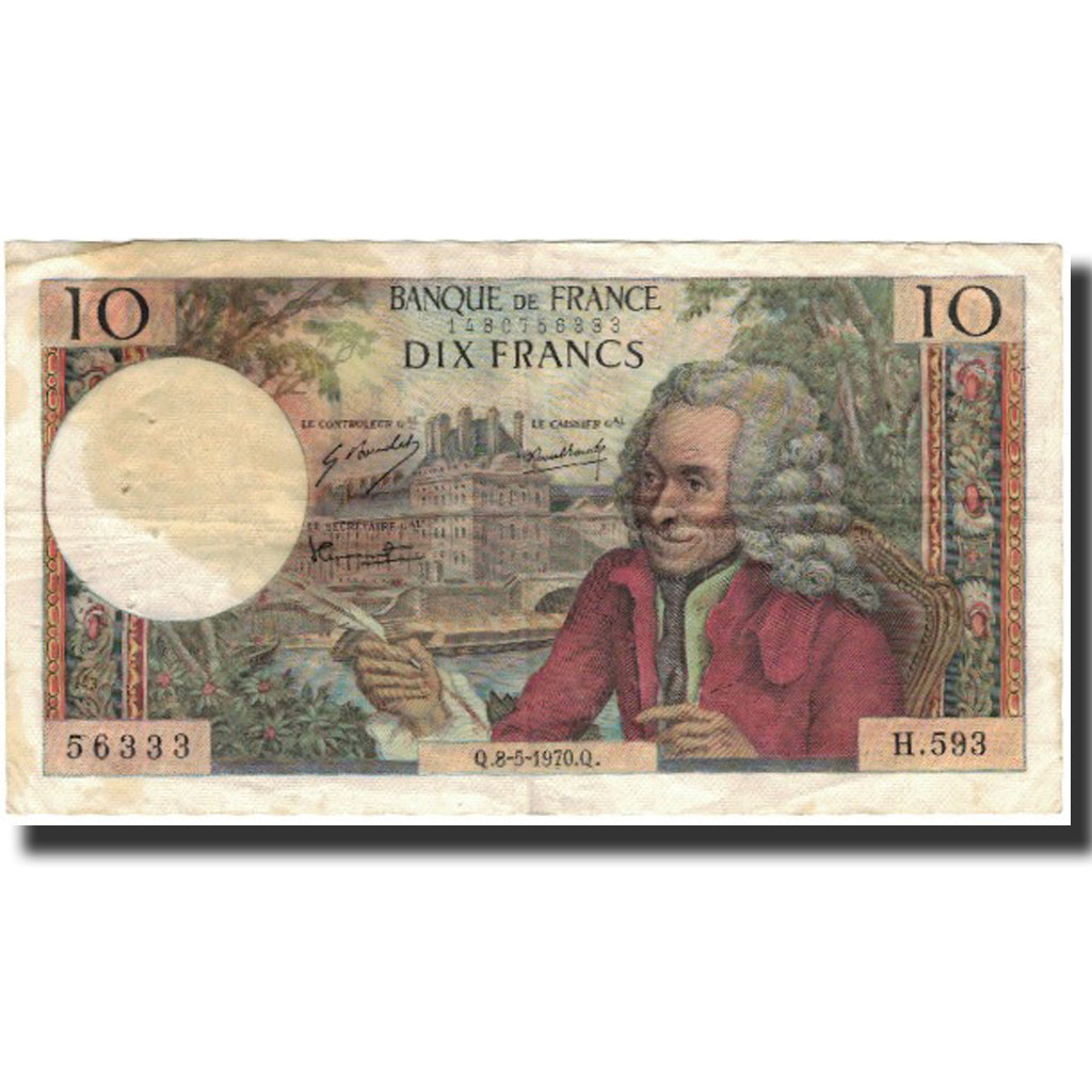 França, 10 Francs, Voltaire, 1970-05-08, VF(30-35), Fayette:62.44, KM:147c
