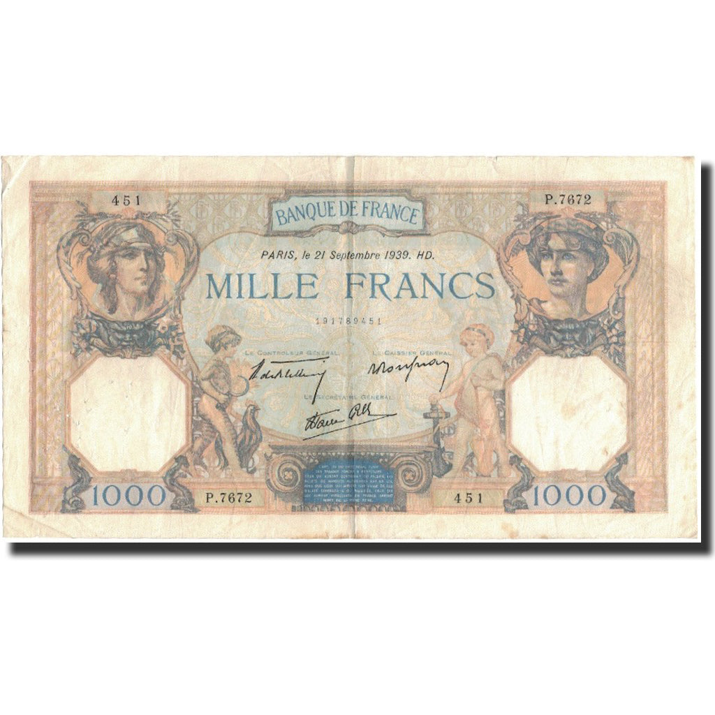 França, 1000 Francs, Cérès et Mercure, 1939-09-21, VF(30-35), Fayette:38.37