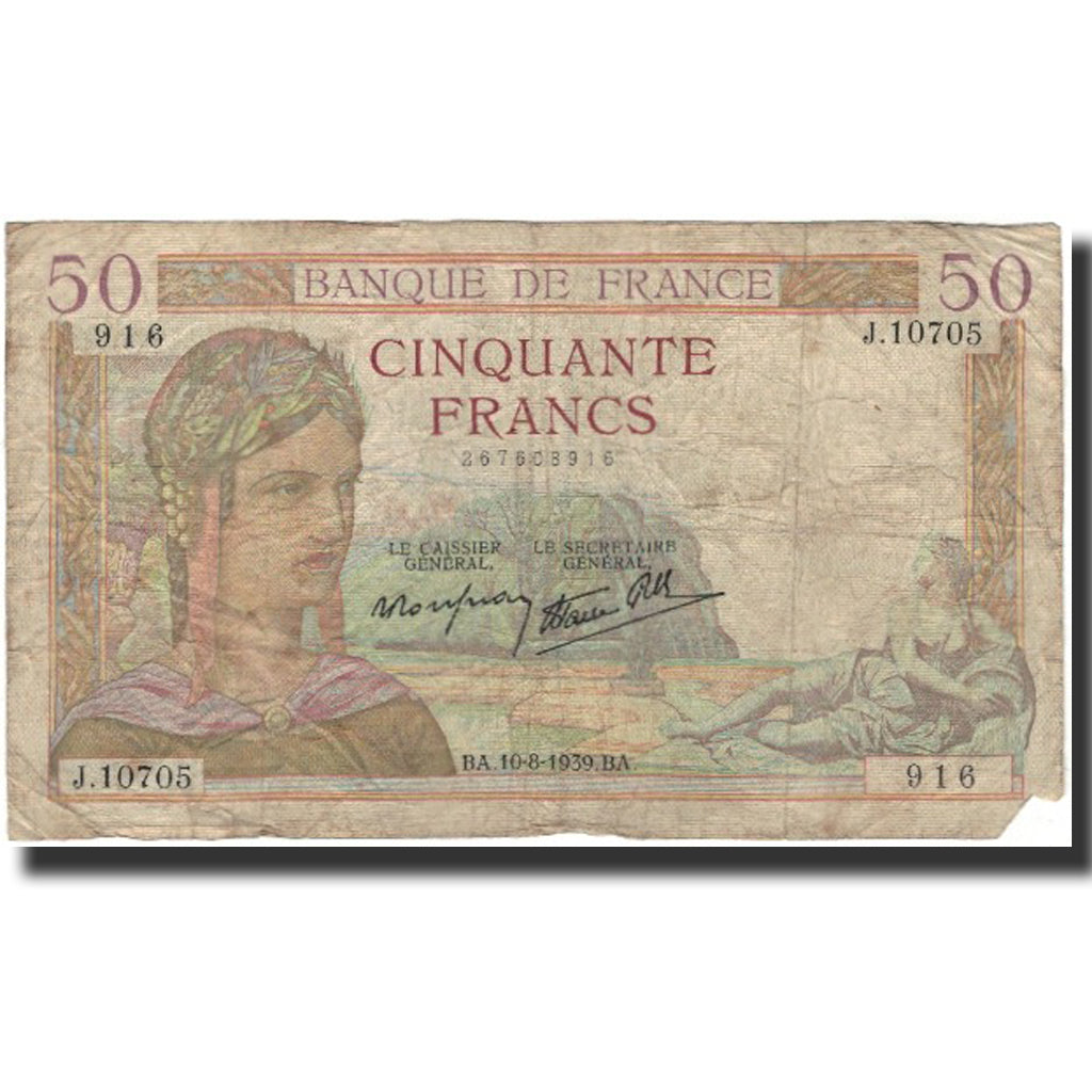 Francia, 50 Francs, Cérès, 1939-08-10, B, Fayette:18.29, KM:85b