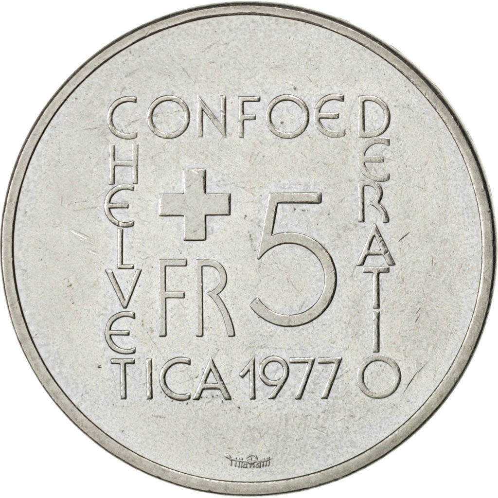 SWITZERLAND, 5 Francs, 1977, KM #55, AU(55-58), Copper-Nickel, 31.45, 13.38