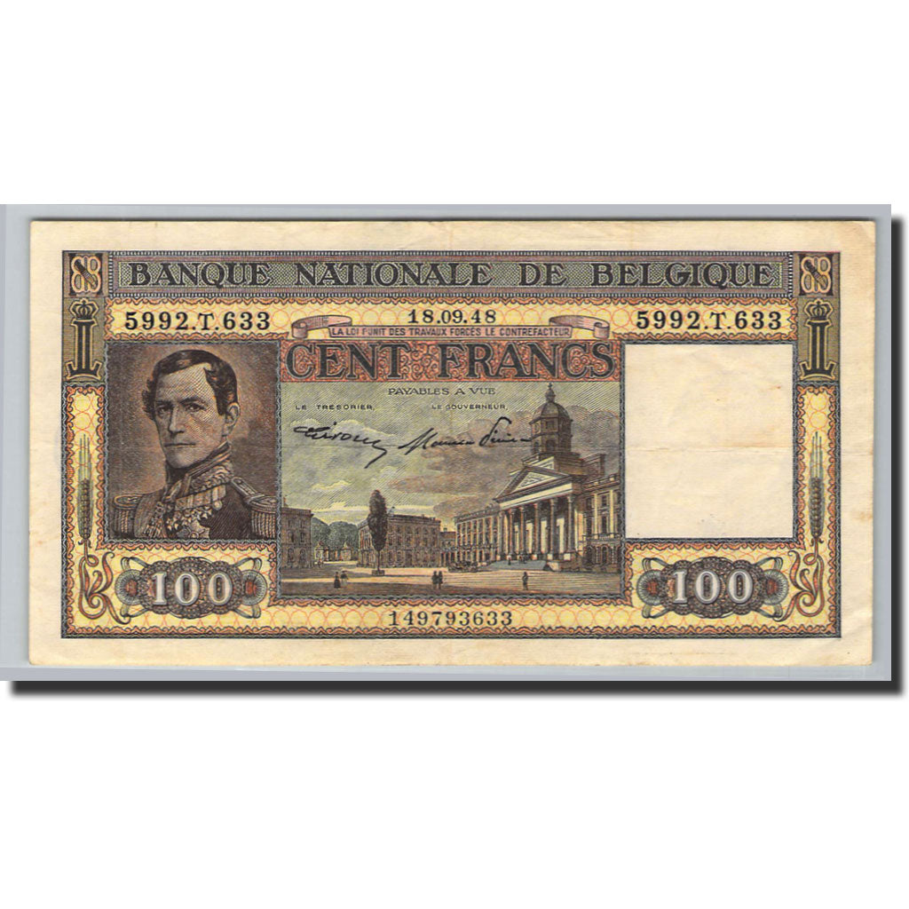 Banknote, Belgium, 100 Francs, 1945-1950, 1948-09-18, KM:126, AU(50-53)