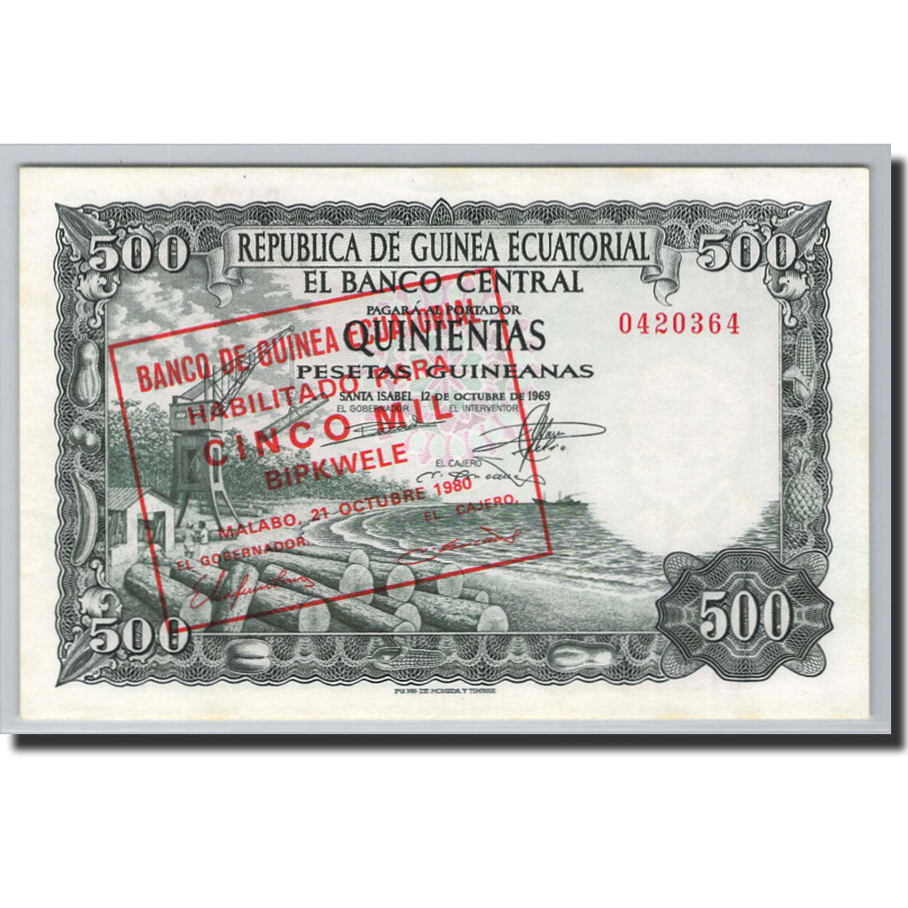 Banknote, Equatorial Guinea, 5000 Bipkwele on 500 Pesetas, 1980, 1980-10-21