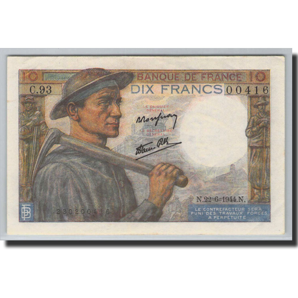 Banknote, France, 10 Francs, 10 F 1941-1949 ''Mineur'', 1944, 1944-06-22