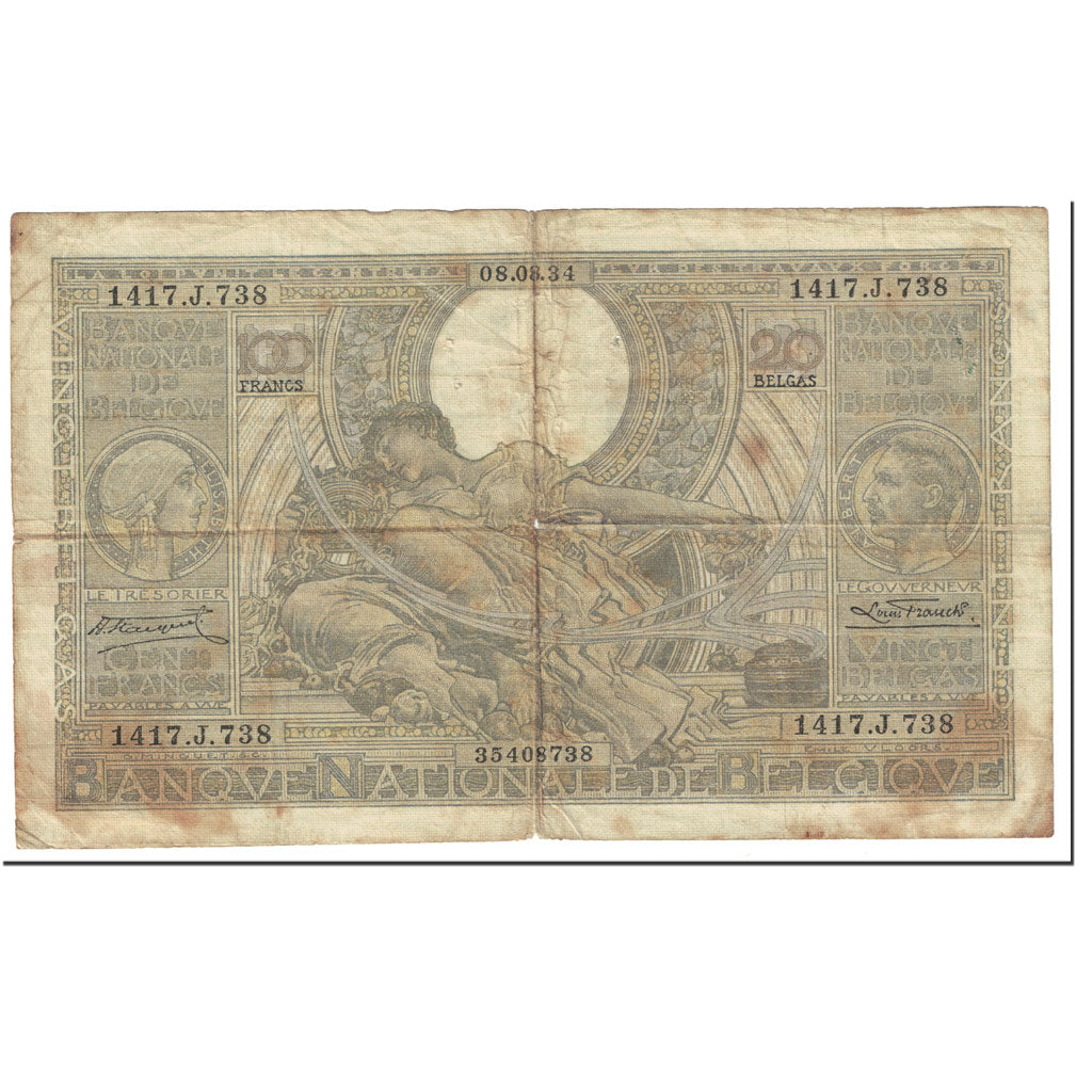 Belgio, 100 Francs-20 Belgas, 1934, KM:107, 1934-08-08, D