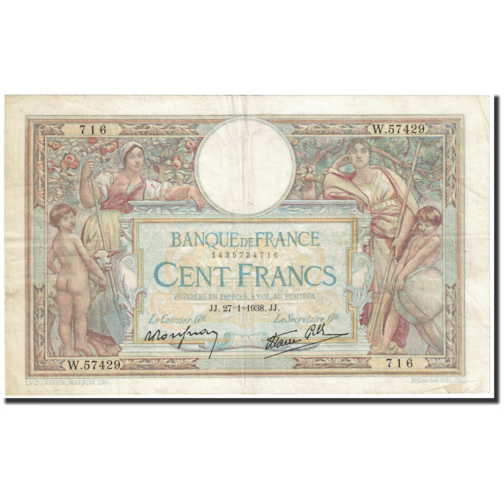 Banknote, France, 100 Francs, 1938, 1938-01-27, EF(40-45), Fayette:25.9, KM:86b