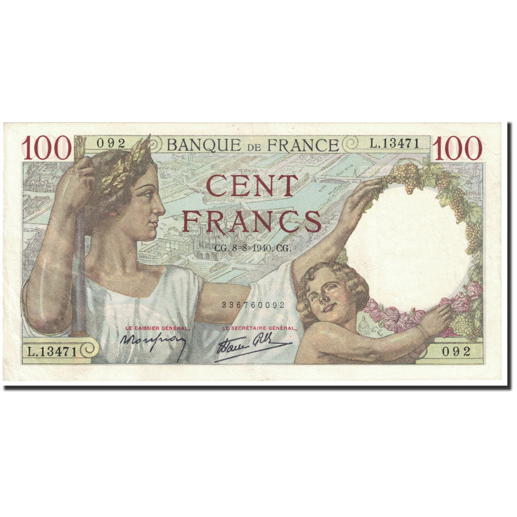 Geldschein, Frankreich, 100 Francs, 1940, 1940-08-08, VZ, Fayette:26.35, KM:94