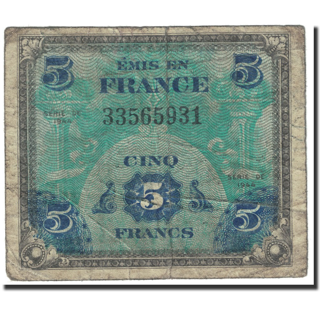 Banknote, France, 5 Francs, 1944 Flag/France, 1944, Undated (1944), VF(20-25)