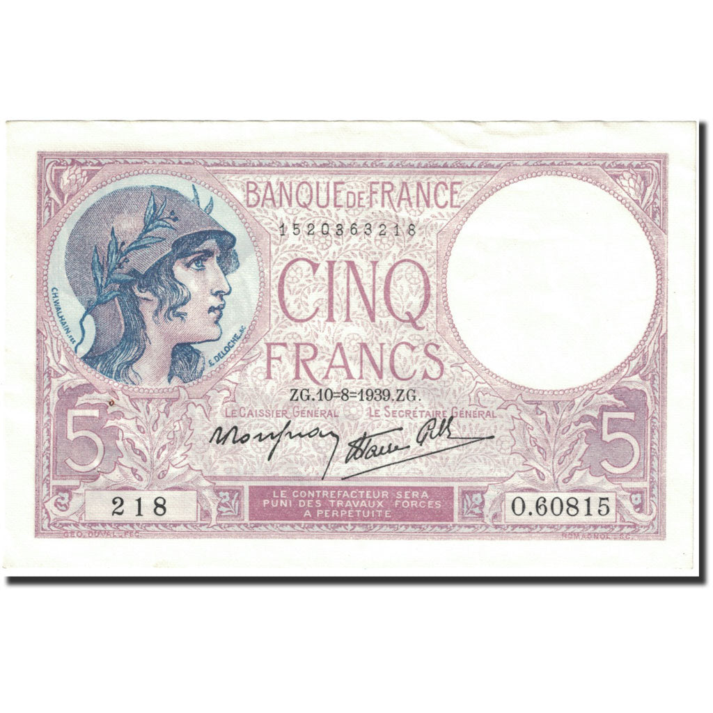 Banconote, Francia, 5 Francs, 5 F 1917-1940 ''Violet'', 1939, 1939-08-10, SPL