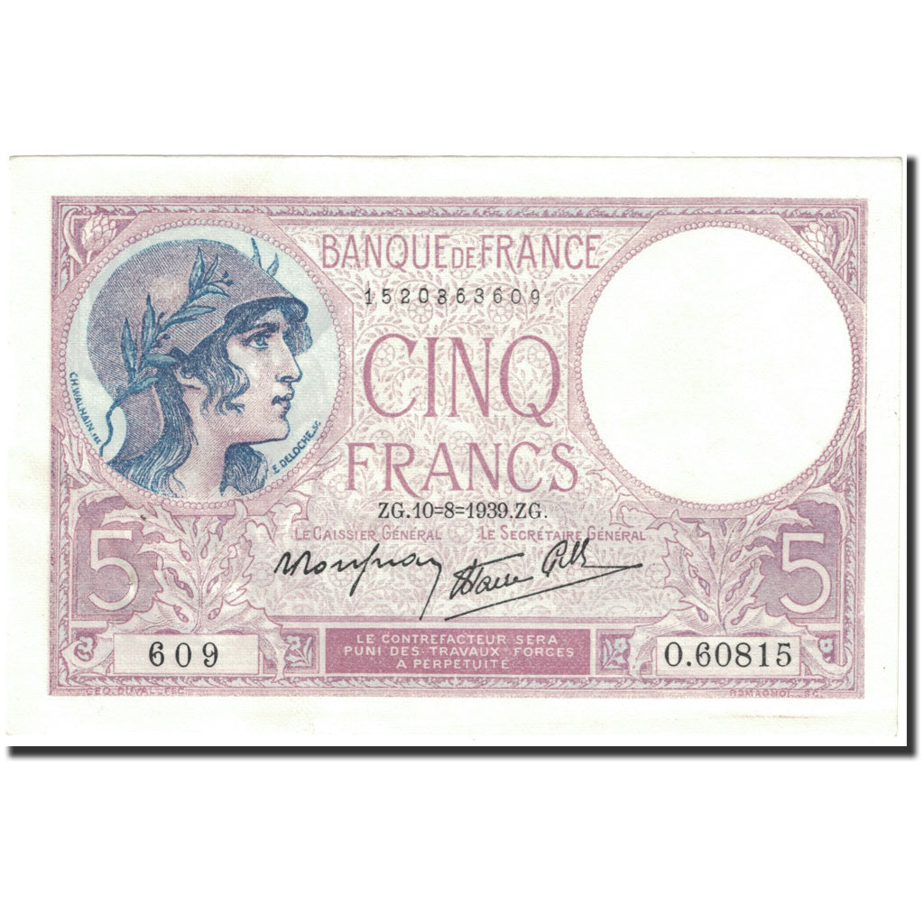 Banconote, Francia, 5 Francs, 5 F 1917-1940 ''Violet'', 1939, 1939-08-10, SPL