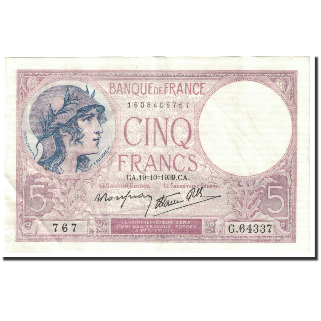 Billet, France, 5 Francs, 5 F 1917-1940 ''Violet'', 1939, 1939-10-19, SUP, KM:83