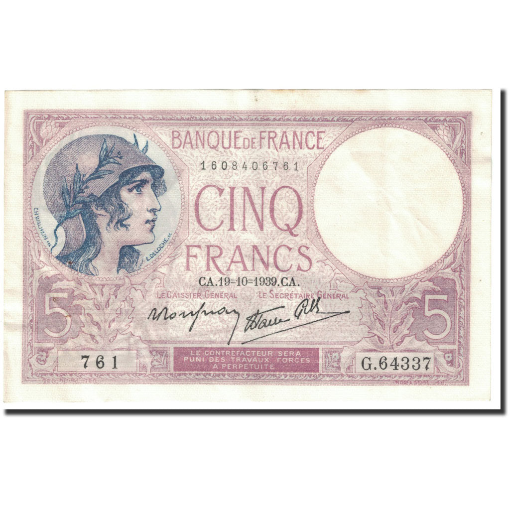 Billet, France, 5 Francs, 5 F 1917-1940 ''Violet'', 1939, 1939-10-19, SUP, KM:83
