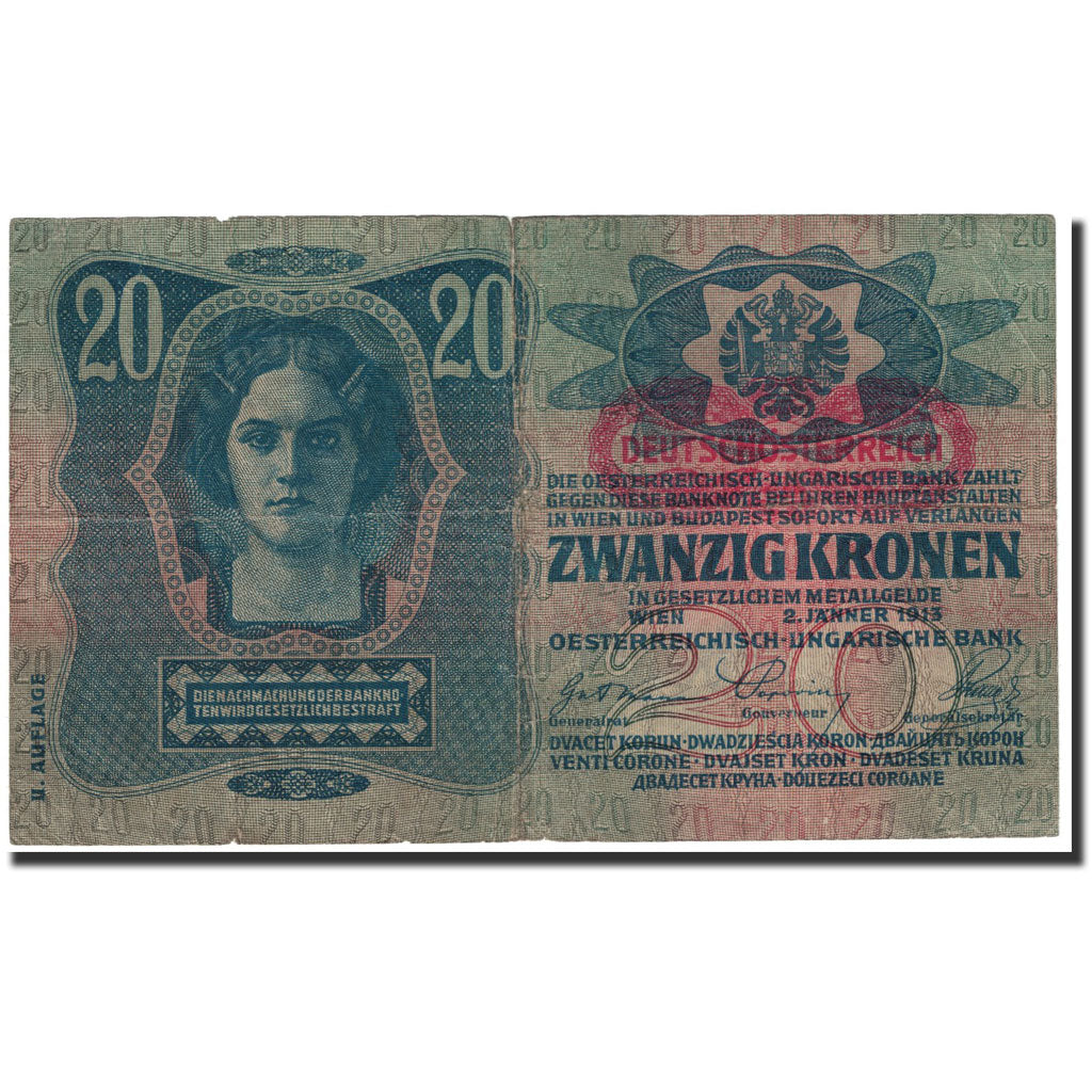 Banknote, Austria, 20 Kronen, 1919, Old date 1913-01-02, KM:53a, EF(40-45)