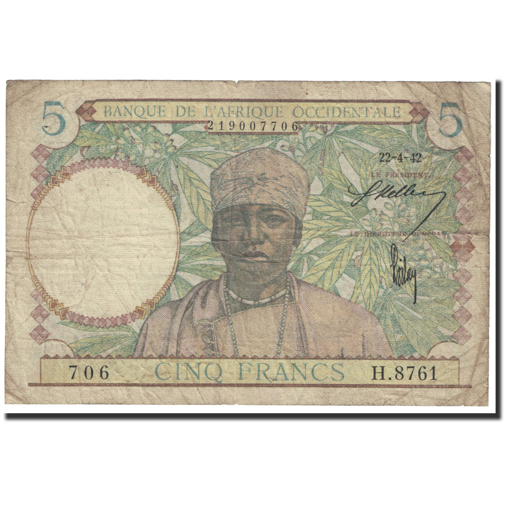 Banknote, French West Africa, 5 Francs, 1942, 1942-04-22, KM:25, EF(40-45)