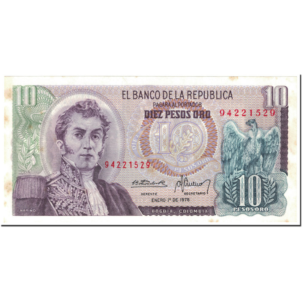 Geldschein, Kolumbien, 10 Pesos Oro, 1978, Undated (1978), KM:407f, VZ+