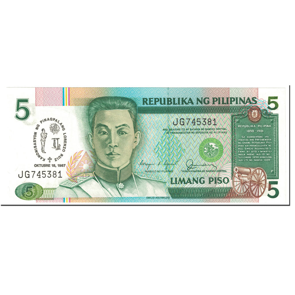 Banconote, Filippine, 5 Piso, 1987, KM:176a, 1987-10-18, FDS