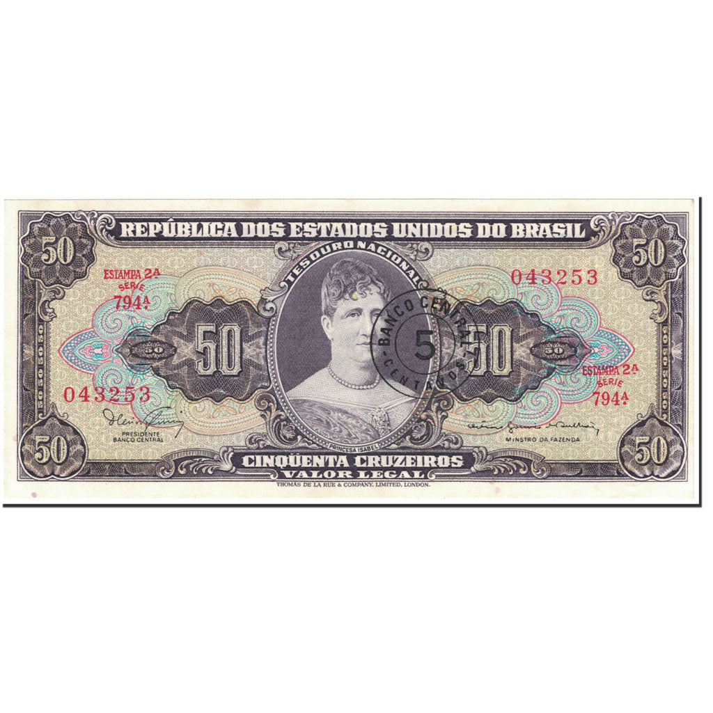 Banknote, Brazil, 5 Centavos on 50 Cruzeiros, 1966-67, Undated (1966-67)