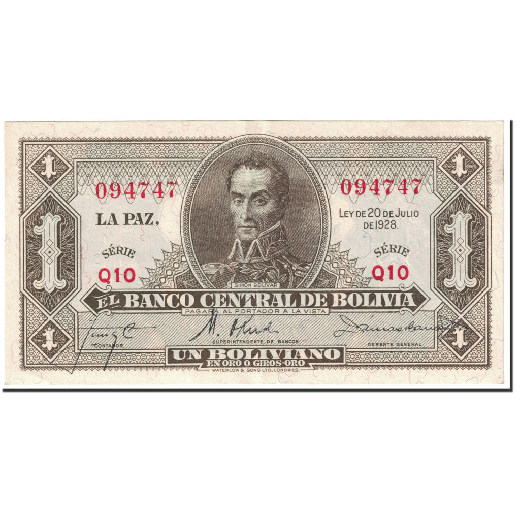 Billete, 1 Boliviano, 1951, Bolivia, Old Date 1928-07-20, KM:128b, SC+
