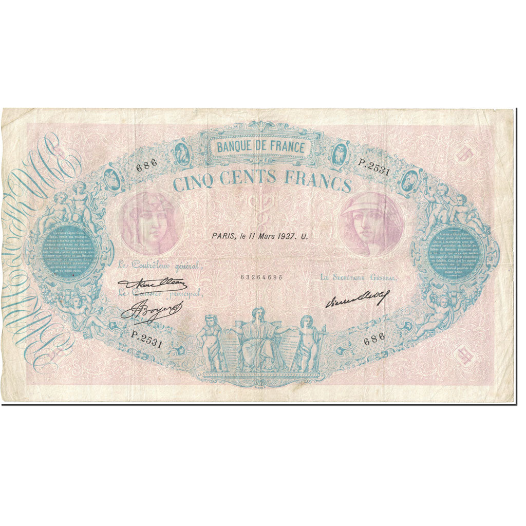 Francia, 500 Francs, 500 F 1888-1940 ''Bleu et Rose'', 1937, 1937-03-11, BC+