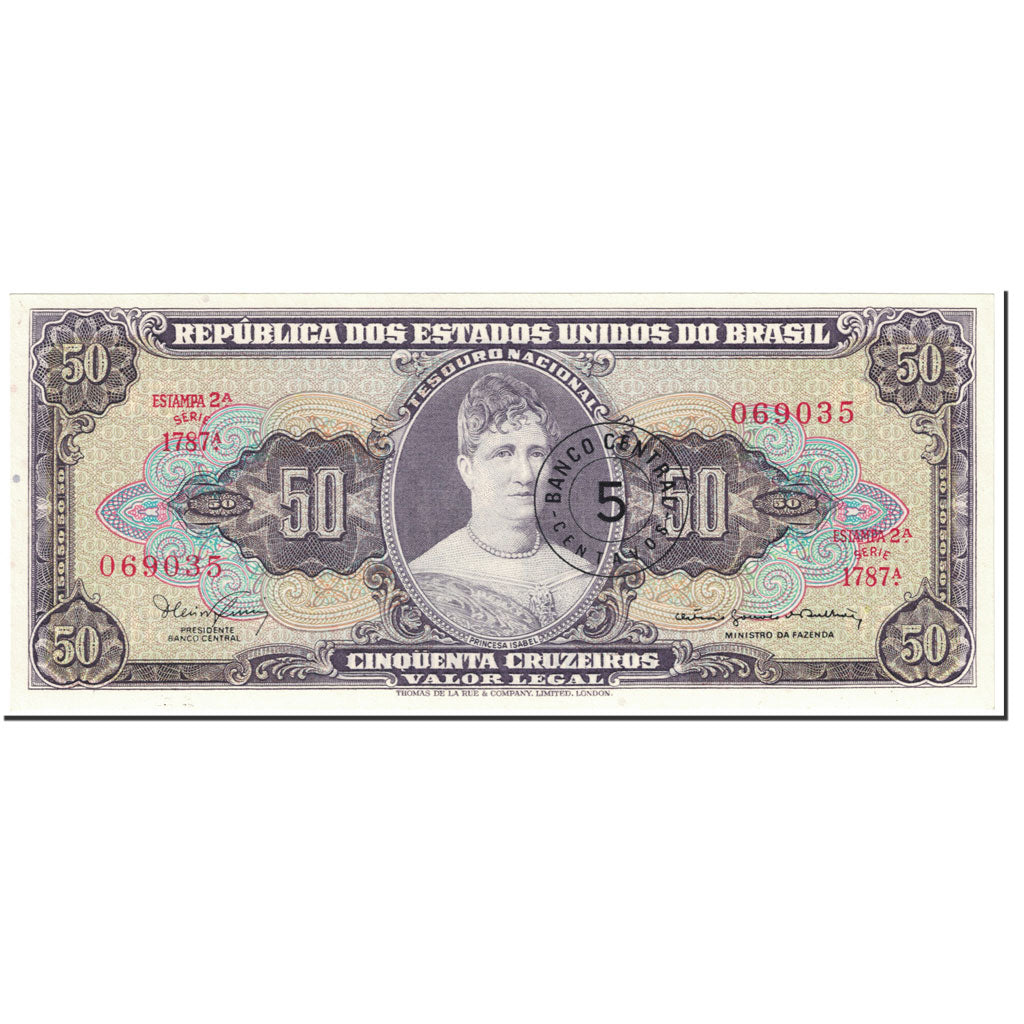 Banknote, Brazil, 5 Centavos on 50 Cruzeiros, 1966-67, Undated (1966-67)