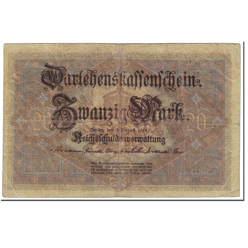 Banknote, Germany, 20 Mark, 1914, 1914-08-05, KM:48b, VF(20-25)