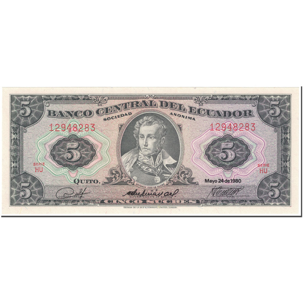 Banknote, Ecuador, 5 Sucres, 1980, 1980-05-24, KM:113c, UNC(65-70)