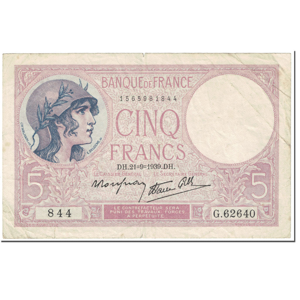 Francia, 5 Francs, 5 F 1917-1940 ''Violet'', 1939, 1939-09-21, MB, Fayette:4.9