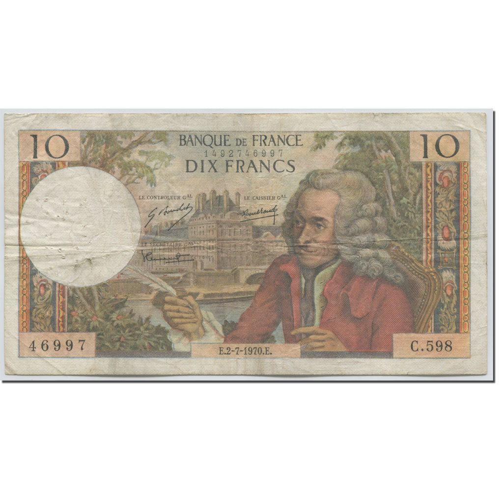 France, 10 Francs, 10 F 1963-1973 ''Voltaire'', 1970, 1970-07-02, VF(20-25)