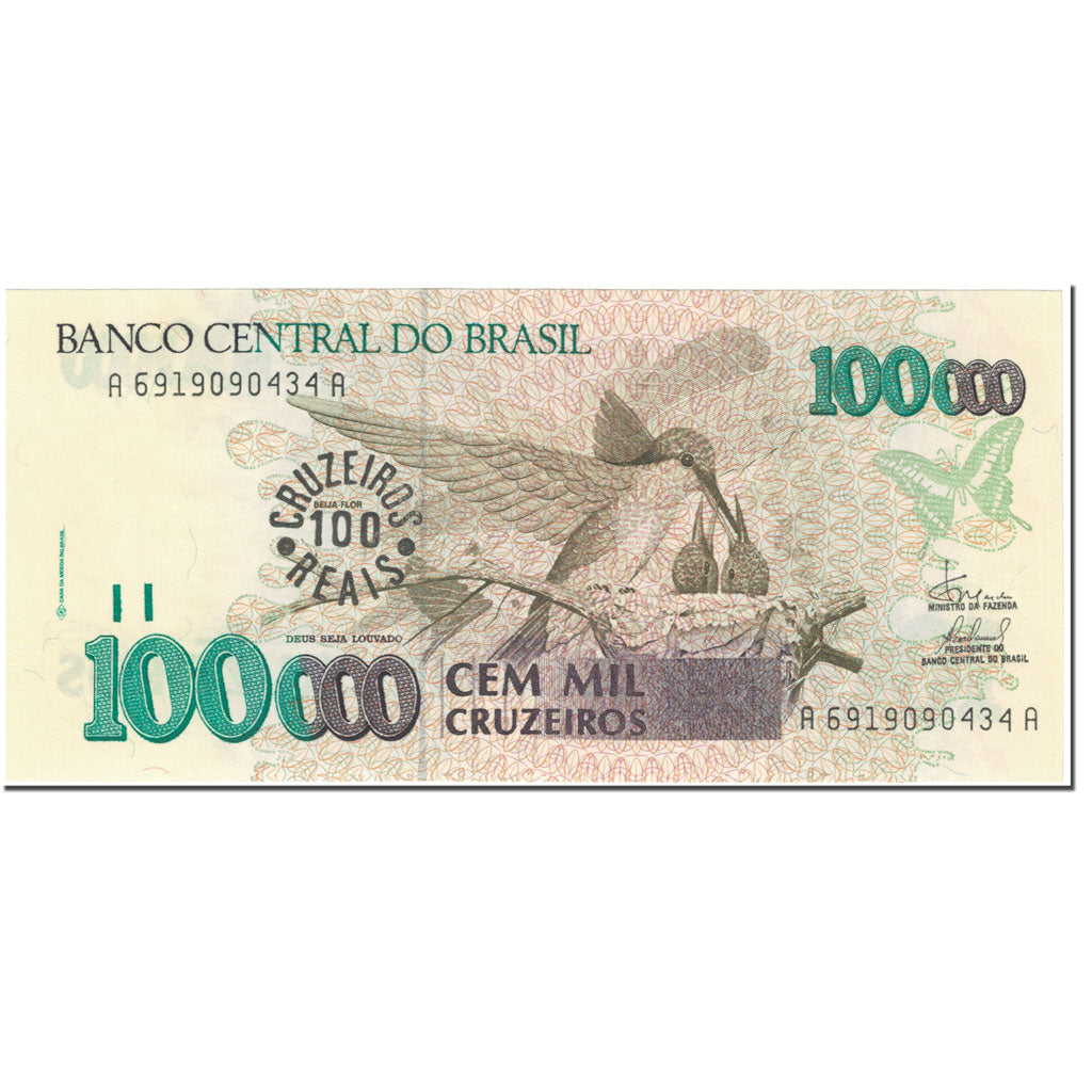 Banknote, Brazil, 100 Cruzeiros Reais on 100,000 Cruzeiros, 1993, Undated