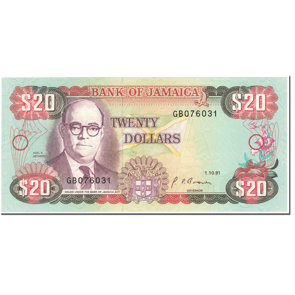 Banknote, Jamaica, 20 Dollars, 1991, 1991-10-01, KM:72d, UNC(65-70)