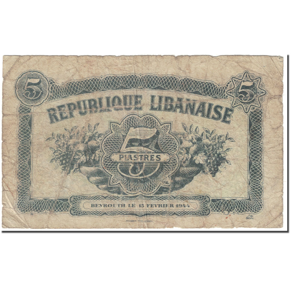 Banknote, Lebanon, 5 Piastres, 1944, 1944-02-15, KM:38, VF(20-25)