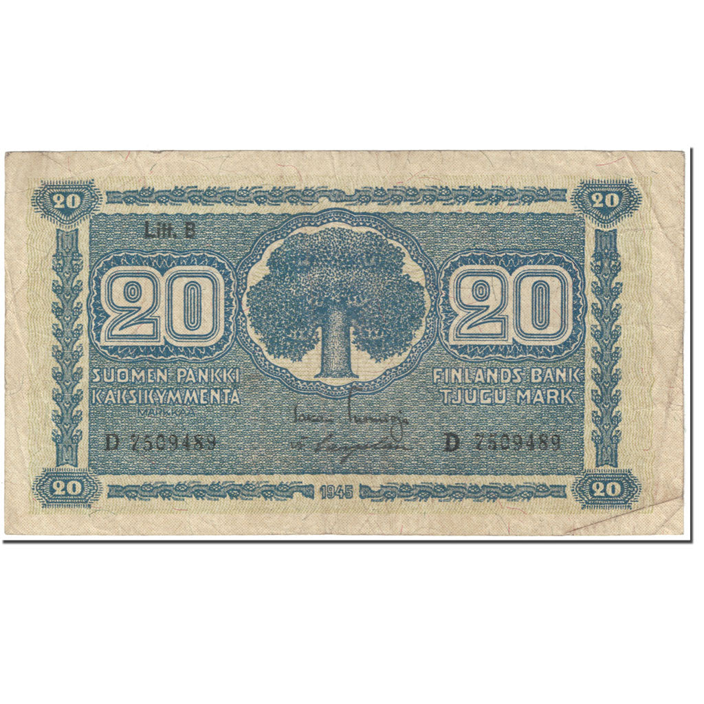 Banknote, Finland, 20 Markkaa, 1945, Undated (1945), KM:78a, EF(40-45)