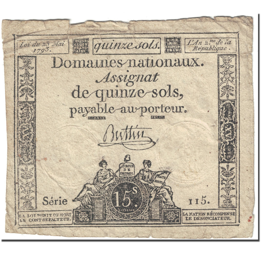 France, 15 Sols, 1793, Buttin, 1793-05-23, VG(8-10), KM:A69a