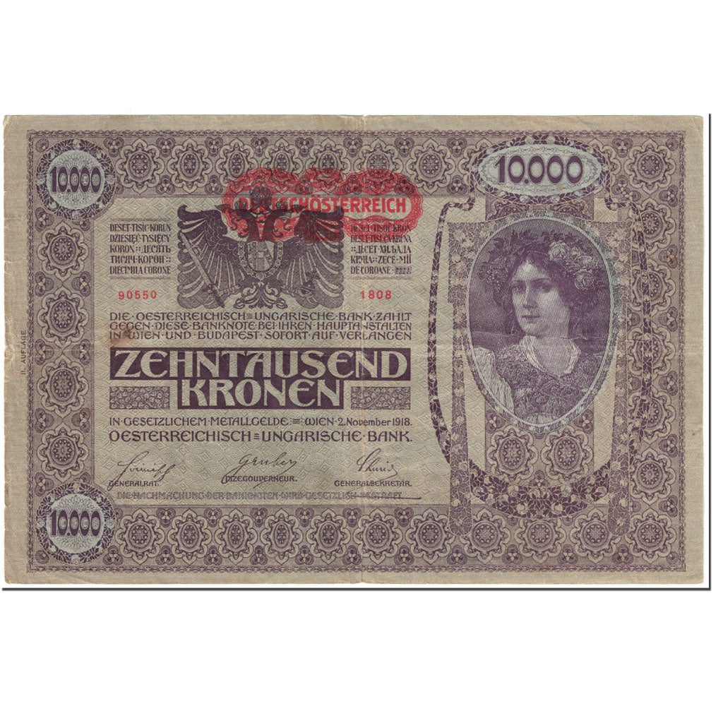 Banknote, Austria, 10,000 Kronen, 1918, OLD DATE 1918-11-02, KM:66, VF(20-25)