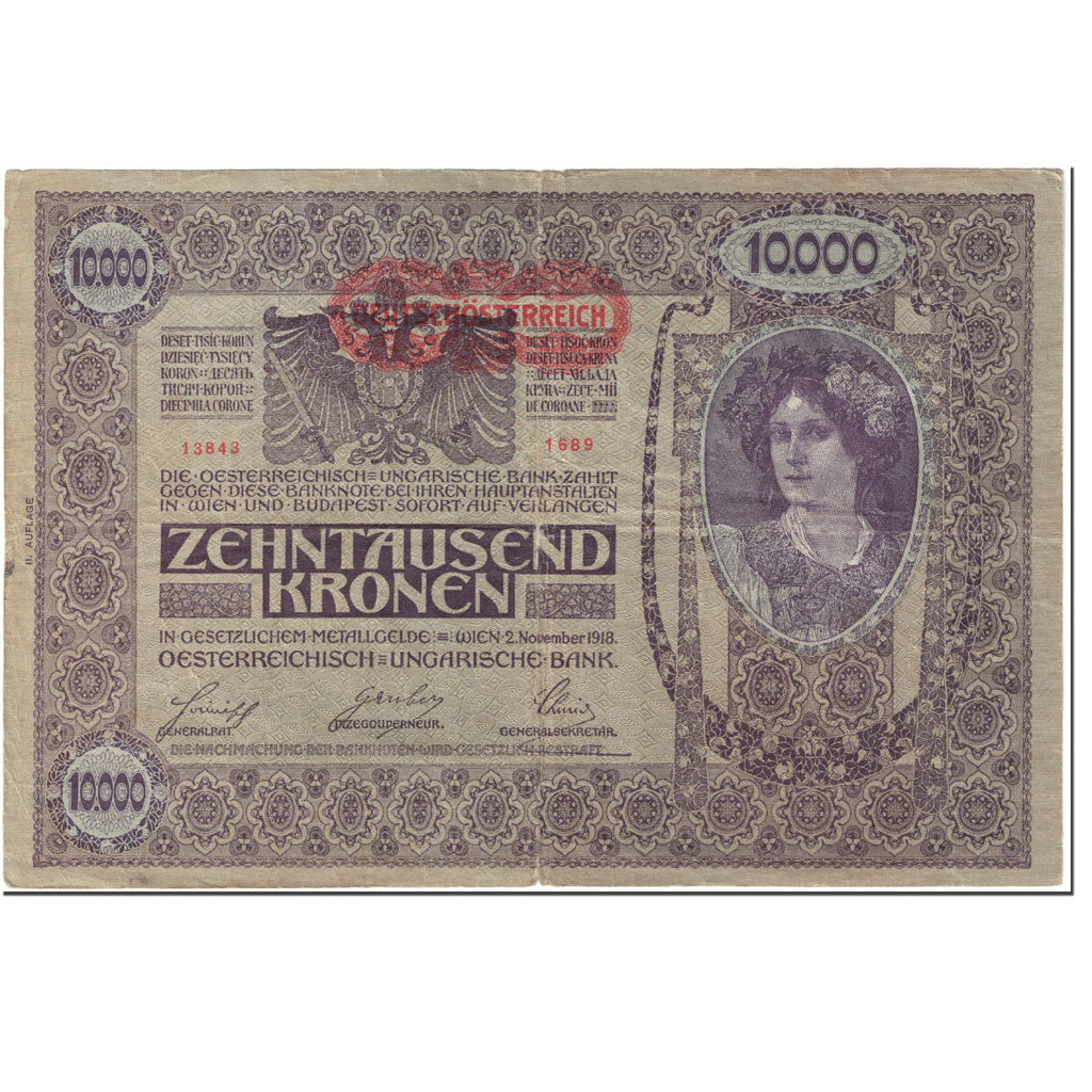 Banknote, Austria, 10,000 Kronen, 1919, OLD DATE 1918-11-02, KM:66, VF(30-35)