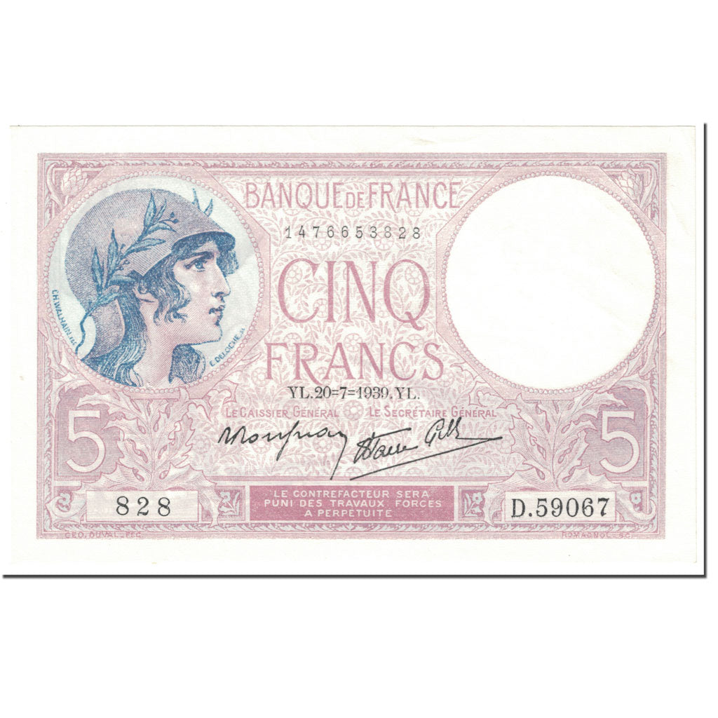 Frankrijk, 5 Francs, 5 F 1917-1940 ''Violet'', 1939, P. Rousseau and R.
