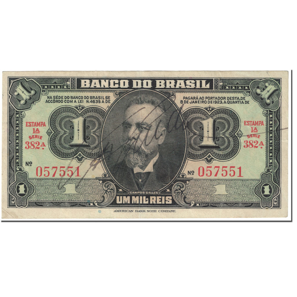 Banknote, Brazil, 1 Mil Reis, 1923, undated (1923), KM:110Ba, EF(40-45)