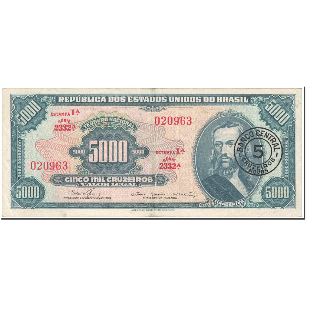Banknote, Brazil, 5 Cruzeiros Novos on 5000 Cruzeiros, 1967, Undated (1967)