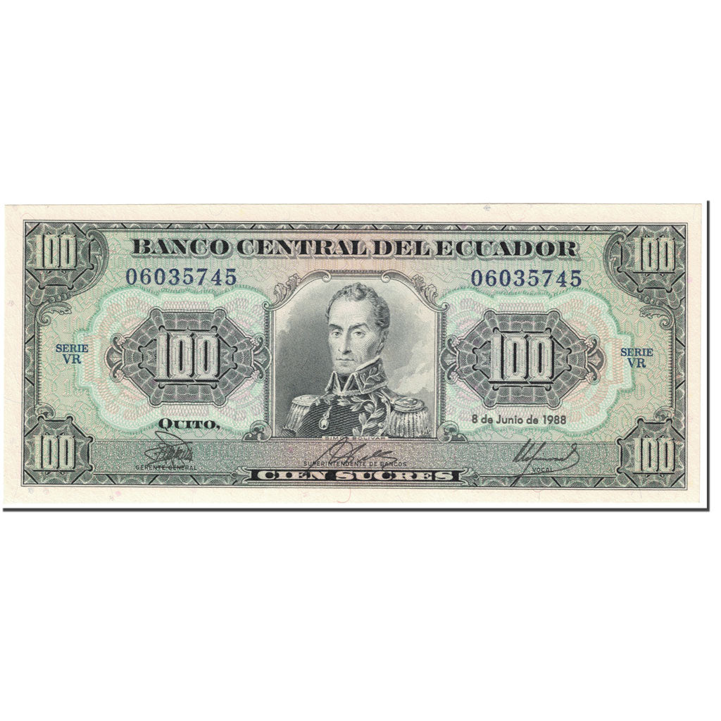 Banknote, Ecuador, 100 Sucres, 1988, 1988-06-08, KM:123Aa, UNC(65-70)