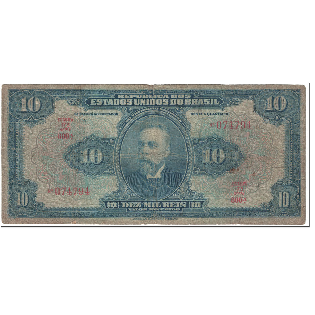 Banknote, Brazil, 10 Mil Reis, 1925, Undated (1925), KM:39c, VG(8-10)