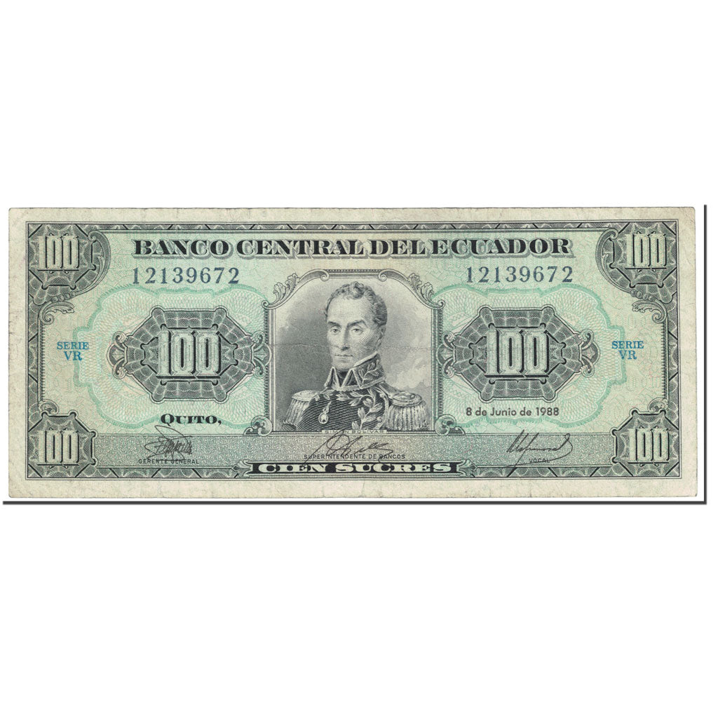Banknote, Ecuador, 100 Sucres, 1988, 1988-06-08, KM:123Aa, AU(50-53)