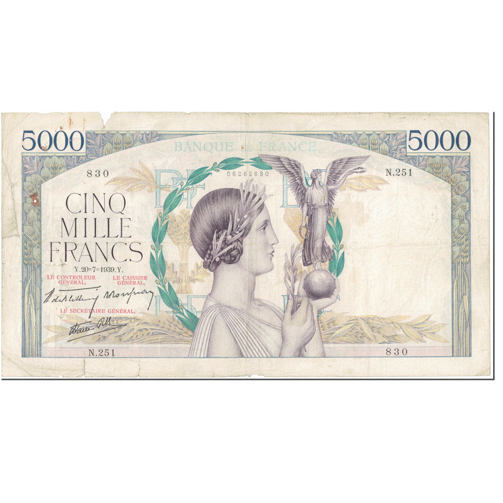 Francia, 5000 Francs, 5 000 F 1934-1944 ''Victoire'', 1939, P. Rousseau and R.