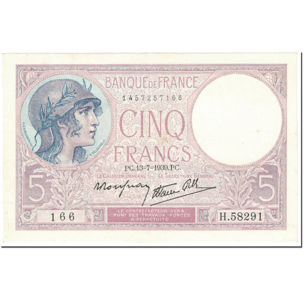 France, 5 Francs, 5 F 1917-1940 ''Violet'', 1939, 1939-07-13, AU(50-53)