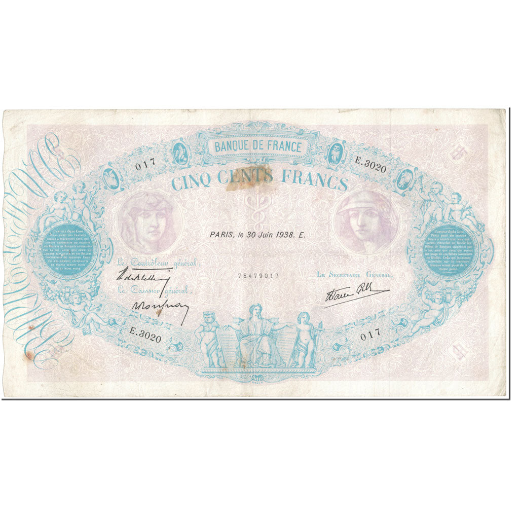 Francia, 500 Francs, 500 F 1888-1940 ''Bleu et Rose'', 1938, 1938-06-30, RC
