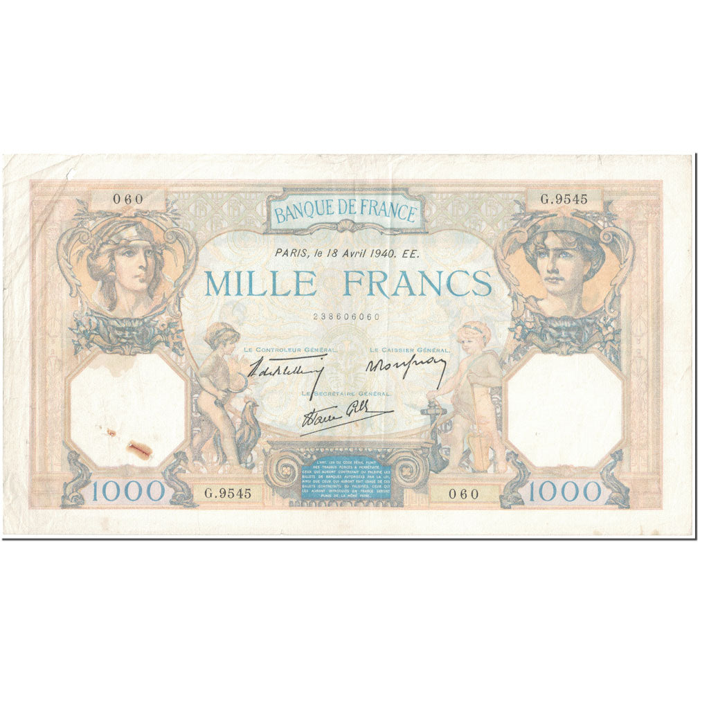 France, 1000 Francs, 1 000 F 1927-1940 ''Cérès et Mercure'', 1940, 1940-04-18
