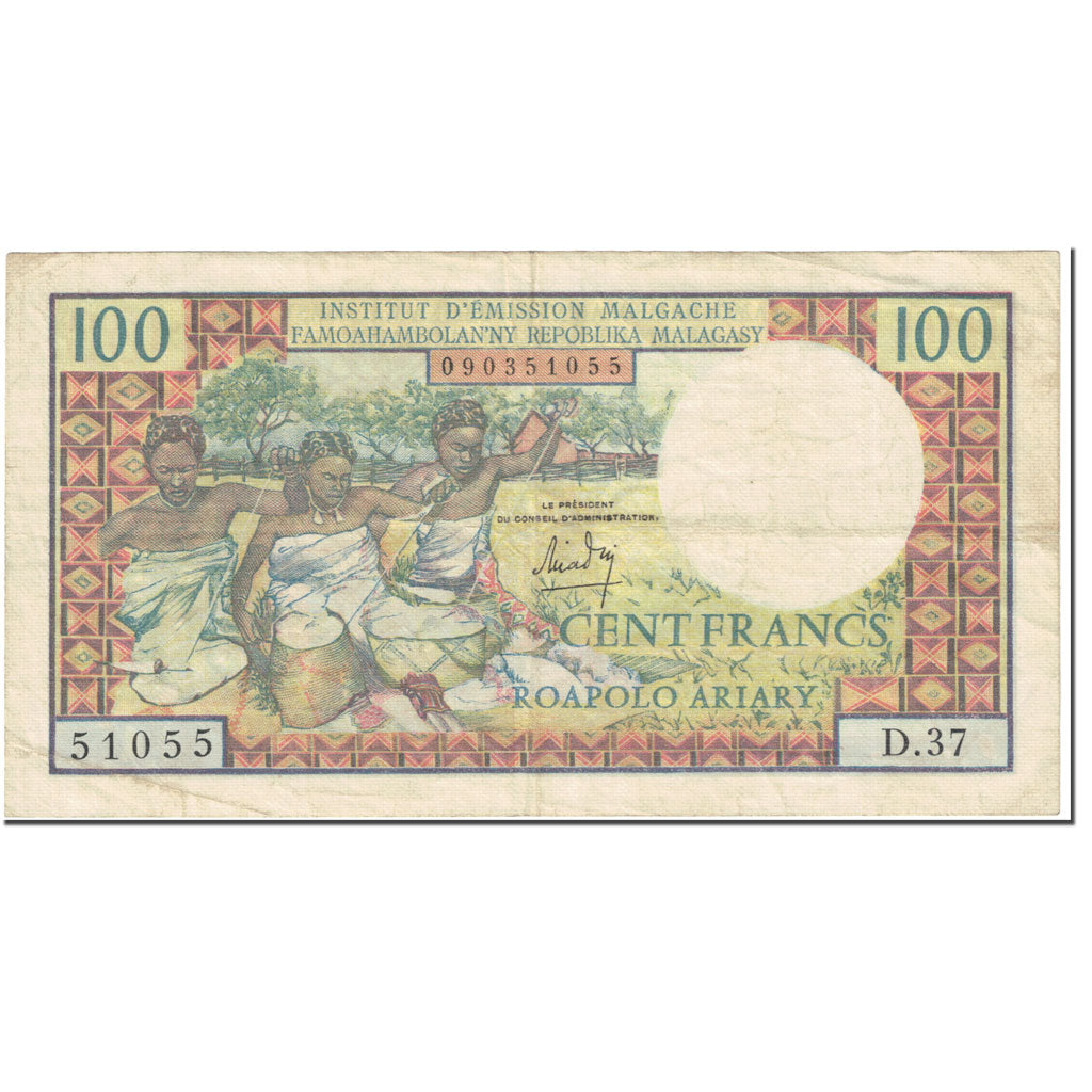 Banknote, Madagascar, 100 Francs =  20 Ariary, 1966, Undated (1966), KM:57a