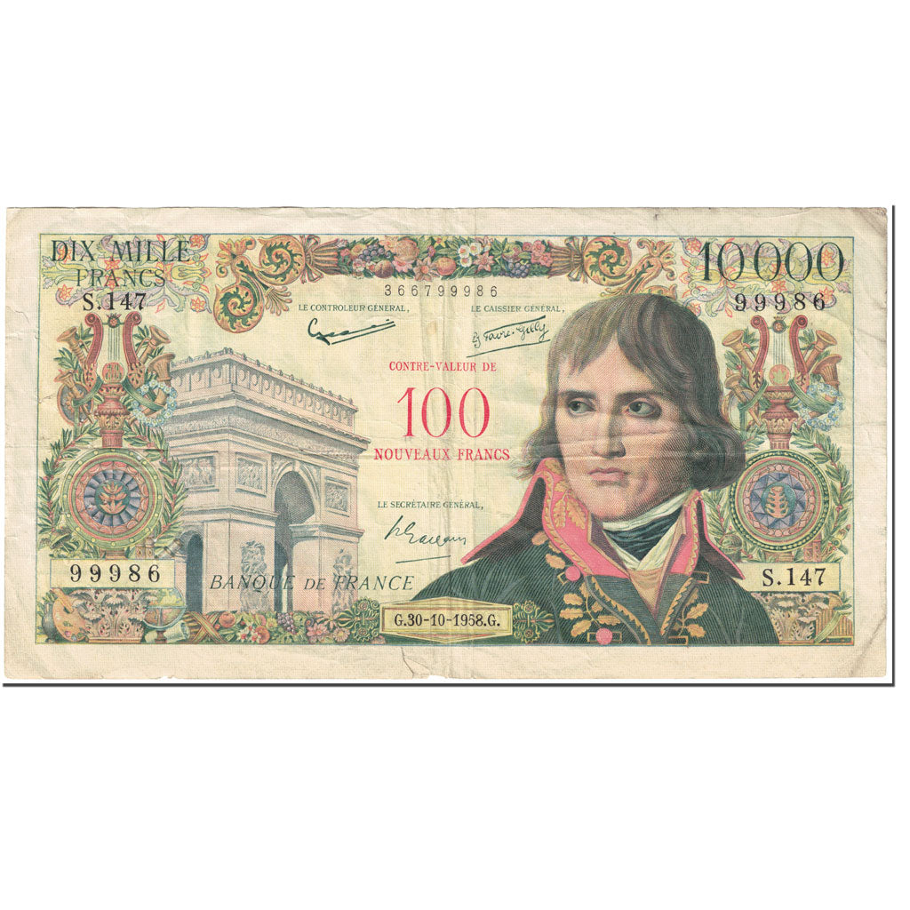 France, 100 Nouveaux Francs on 10,000 Francs, bonaparte, KM:140, Fayette:55.1