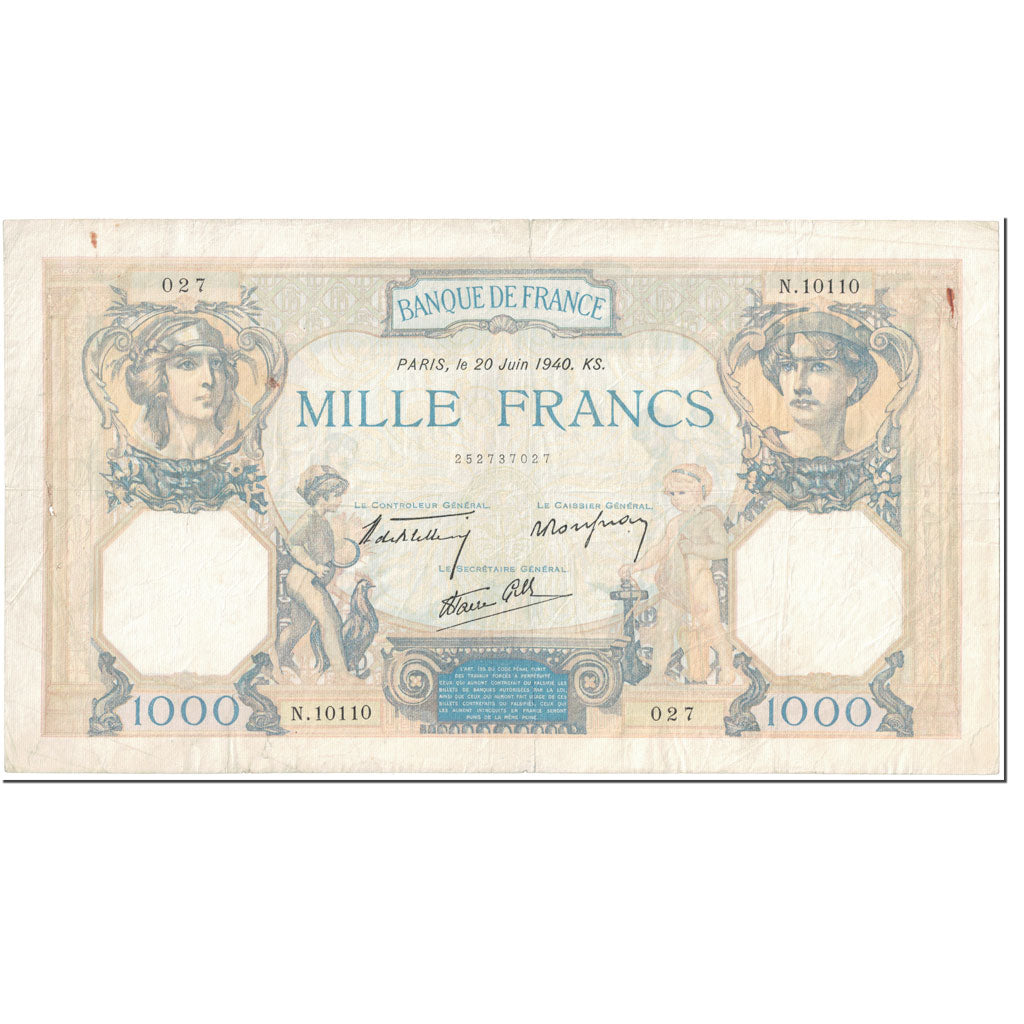 France, 1000 Francs, 1 000 F 1927-1940 ''Cérès et Mercure'', 1940, 1940-06-20