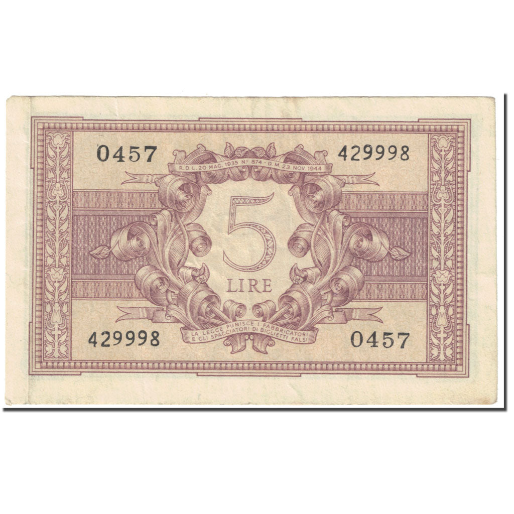 Banknote, Italy, 5 Lire, 1944, 1944-11-23, KM:31b, VF(20-25)